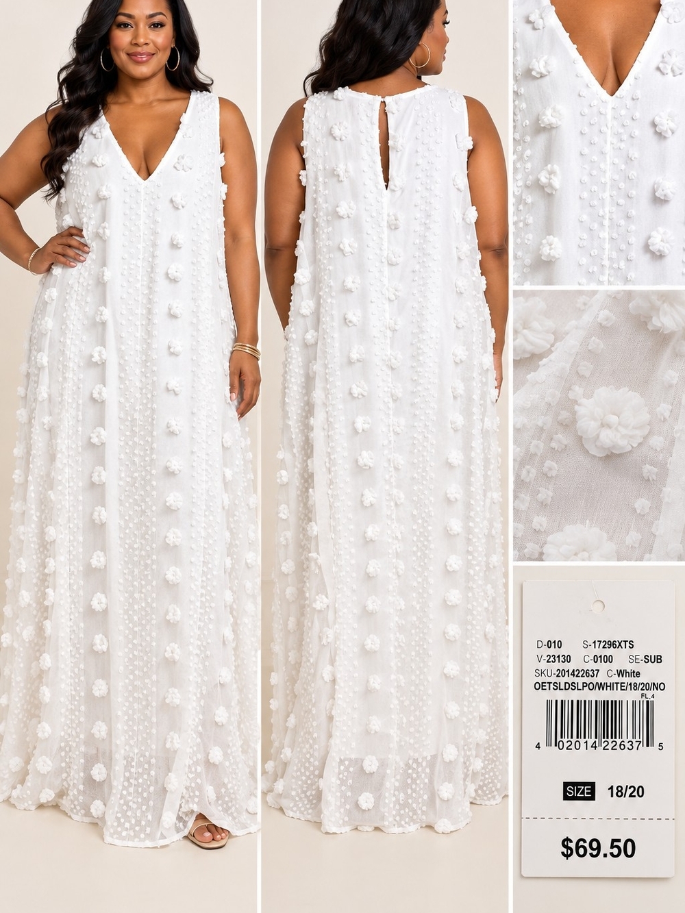 Ashley Stewart White Pom-Pom Textured Maxi Dress